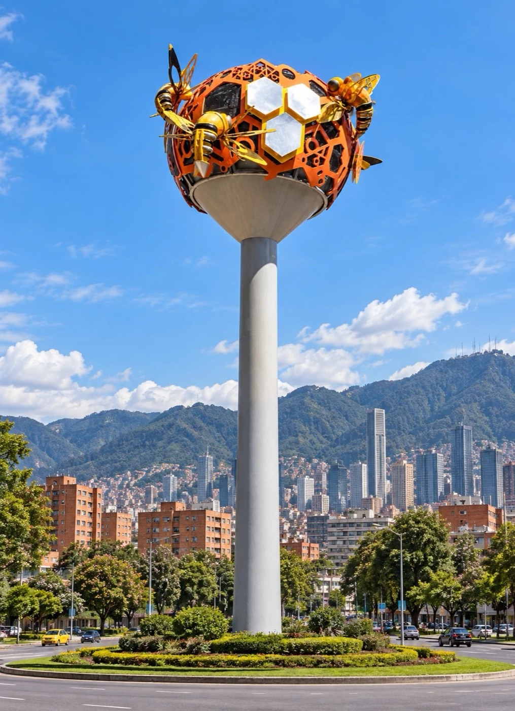 Mundo Colmena, escultura monumental: esfera calada con panal y abejas sobre una columna, en una glorieta de la ciudad